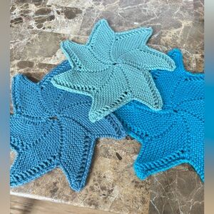 Hand Made Artisan Star-Shaped Knitted Coasters - Teal and Turquoise, never used